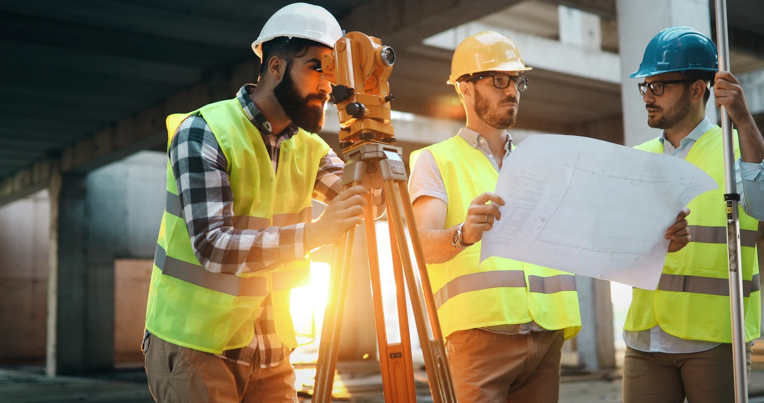 A group of three engineers on a work site. The first is looking through survey equipment. The second engineer is holding a building plan.